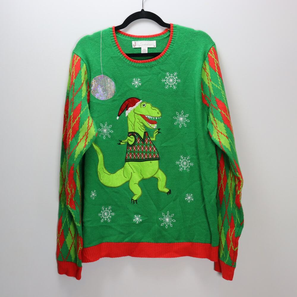 Jolly Sweaters Green T-Rex Dinosaur‎ Christmas Sweater Size L